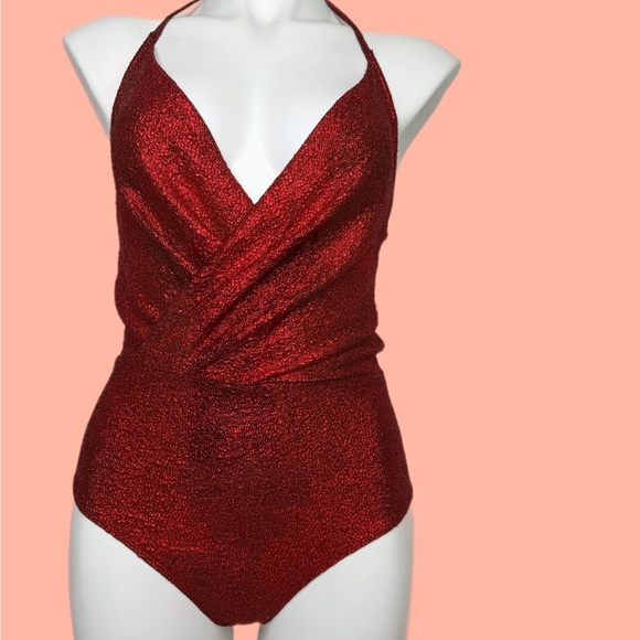 ragstock Tops - NWT Red Glitter Plunge Neckline Crossover Halter BodySuit Size Medium